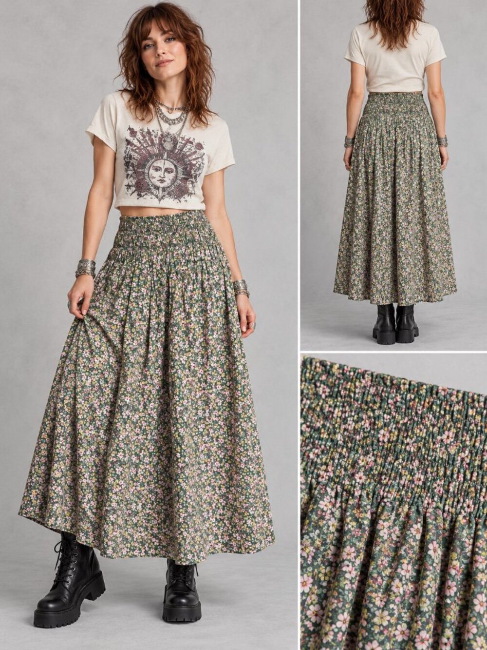 Zara Green Pink Ditsy Floral Smocked Waist Flowy Long Skirt S